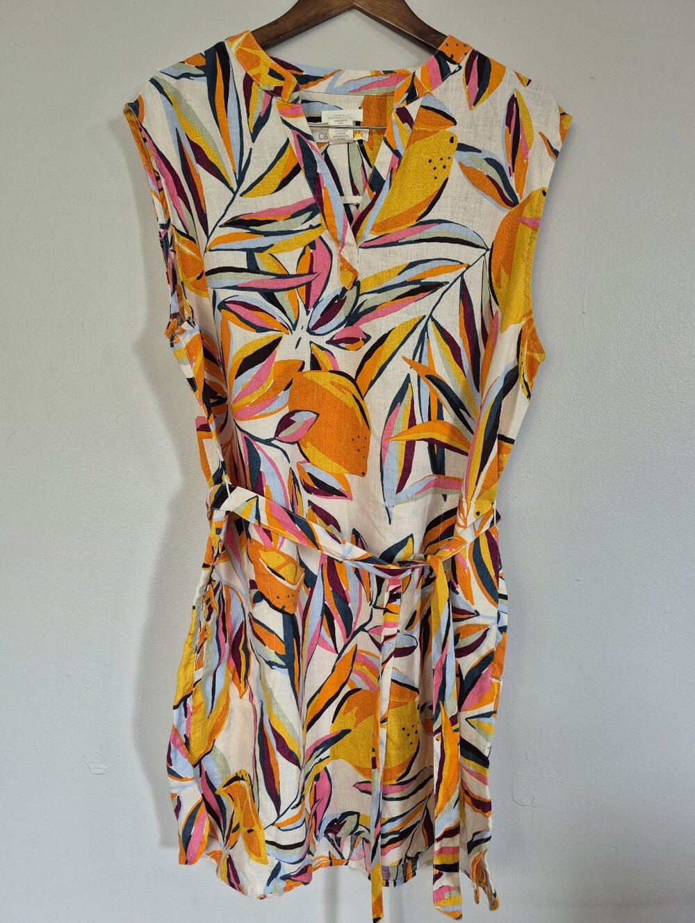 C&C California Linen Summer Floral Sheath Dress With Tie And Pockets XL